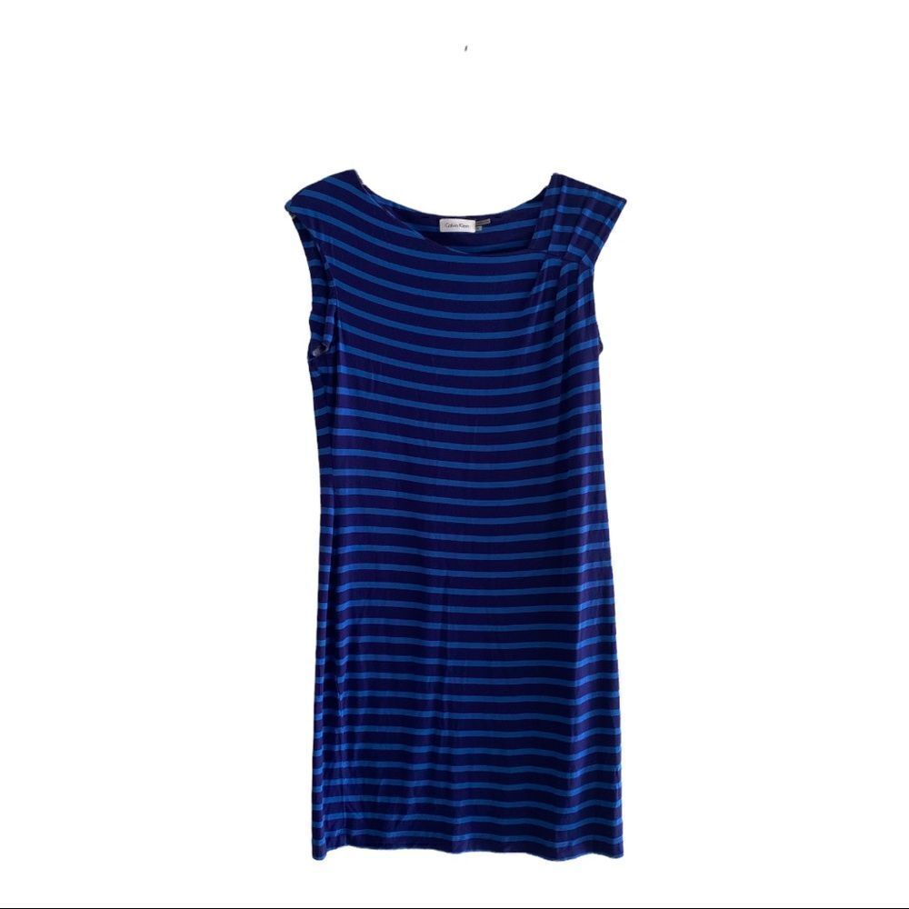 Calvin Klein Blue Stripe Sleeveless Sheath Dress Size 14